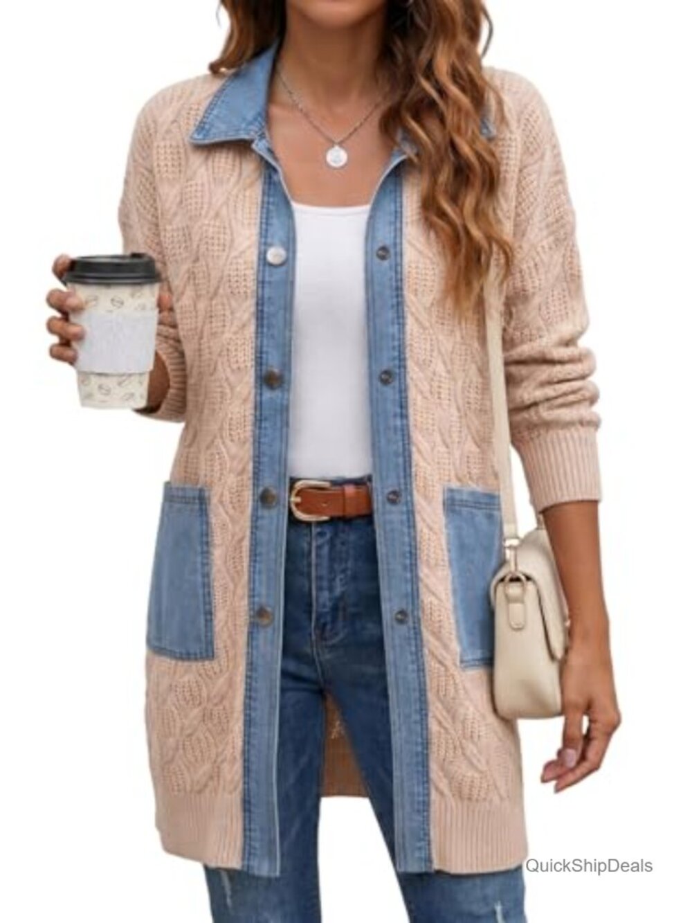Dokotoo Women's Denim Patchwork Button Down Cable Knit Cardigan Sweater